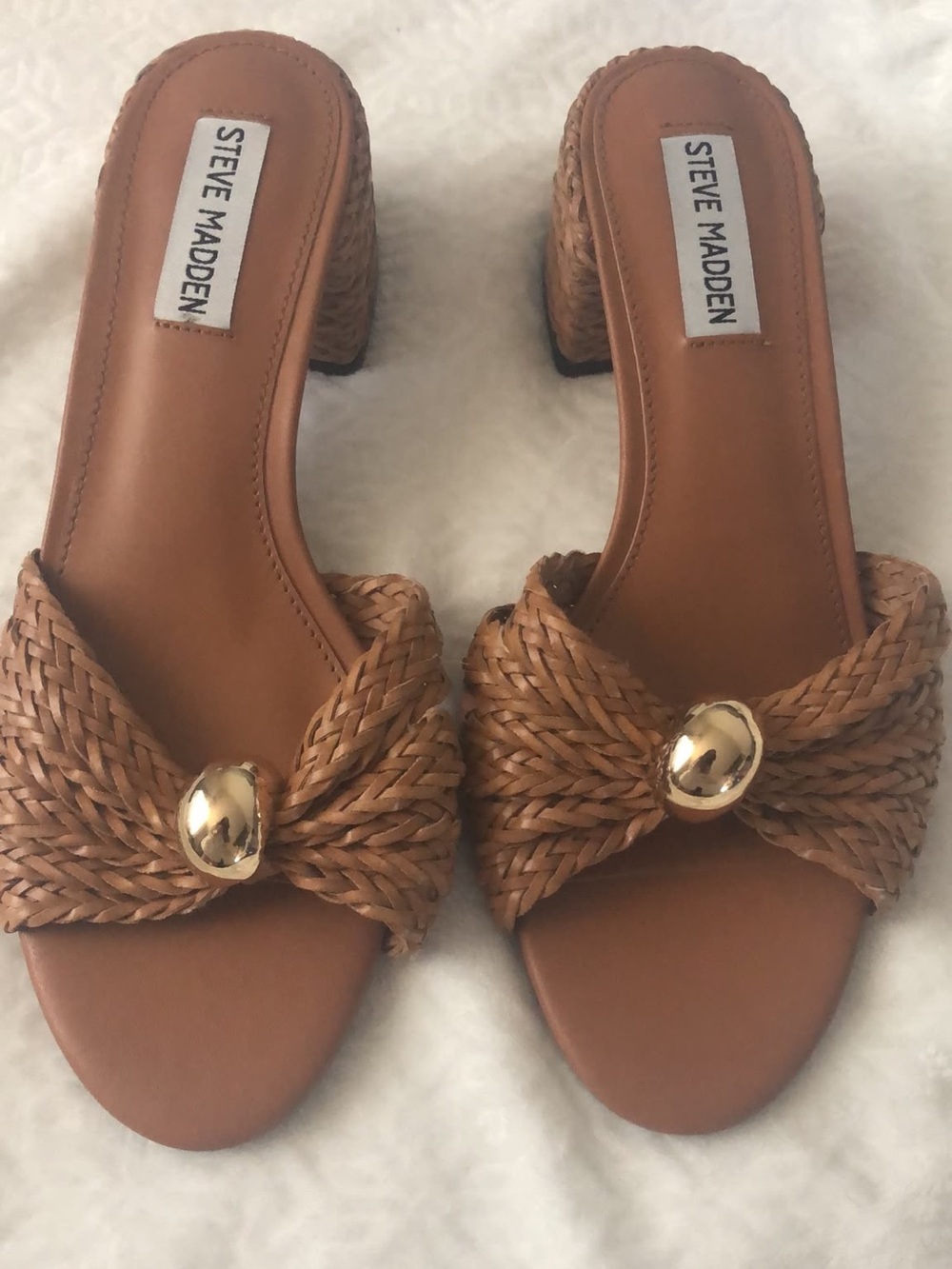 Steve Madden Braided Tan Slide Mules with Gold Accent